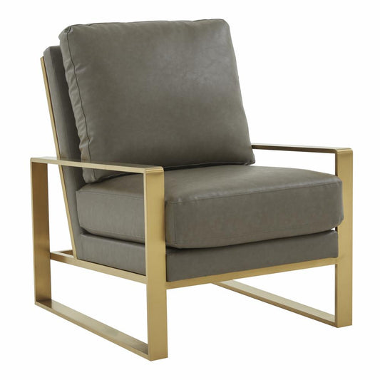 LeisureMod Jefferson Leather Modern Design Accent Armchair With Elegant Gold Frame, Grey