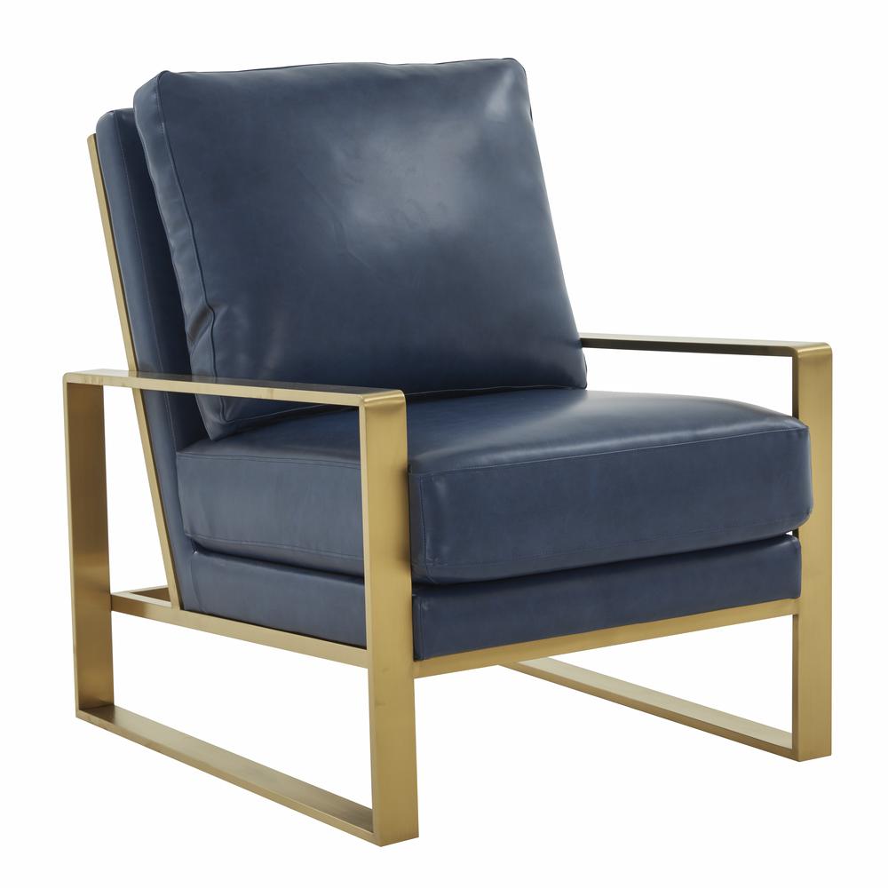 LeisureMod Jefferson Leather Modern Design Accent Armchair With Elegant Gold Frame, Navy Blue