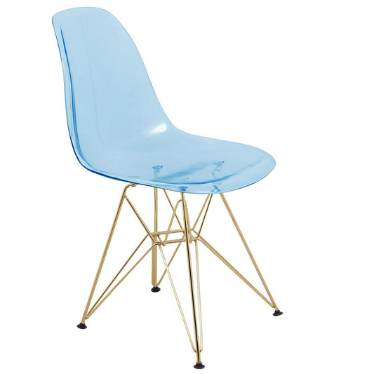 LeisureMod Cresco Molded Eiffel Side Chair with Gold Base, Transparent Blue