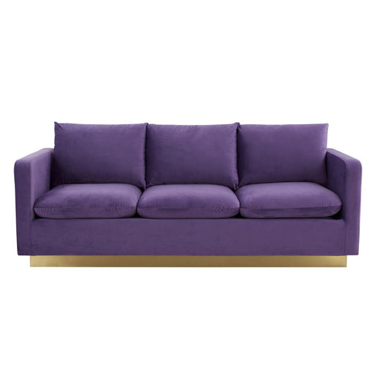 LeisureMod Nervo Modern Mid-Century Upholstered Velvet Sofa with Gold Frame, Purple