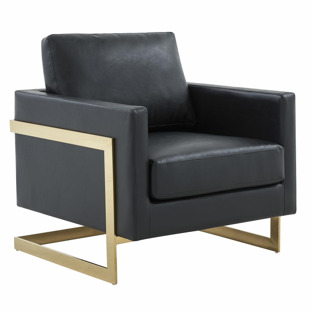 LeisureMod Lincoln Leather Accent Armchair With Gold Frame, Black