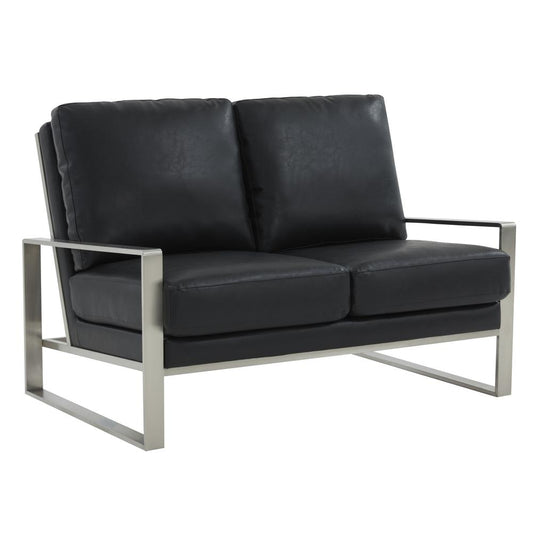 Leisuremod Jefferson Contemporary Modern Faux Leather Loveseat With Silver Frame, Black