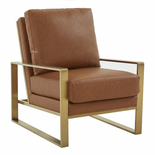 LeisureMod Jefferson Leather Modern Design Accent Armchair With Elegant Gold Frame, Cognac Tan