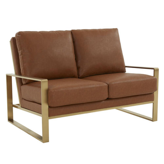 Jefferson - Leather Loveseat - Gold Frame - Cognac Tan