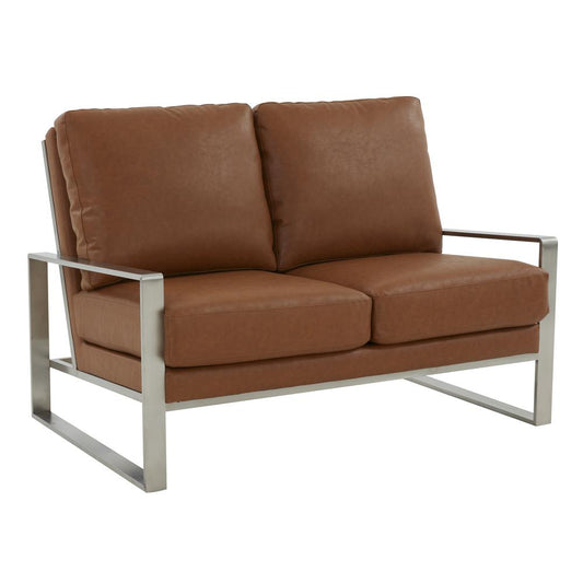 Leisuremod Jefferson Contemporary Modern Faux Leather Loveseat With Silver Frame, Cognac Tan