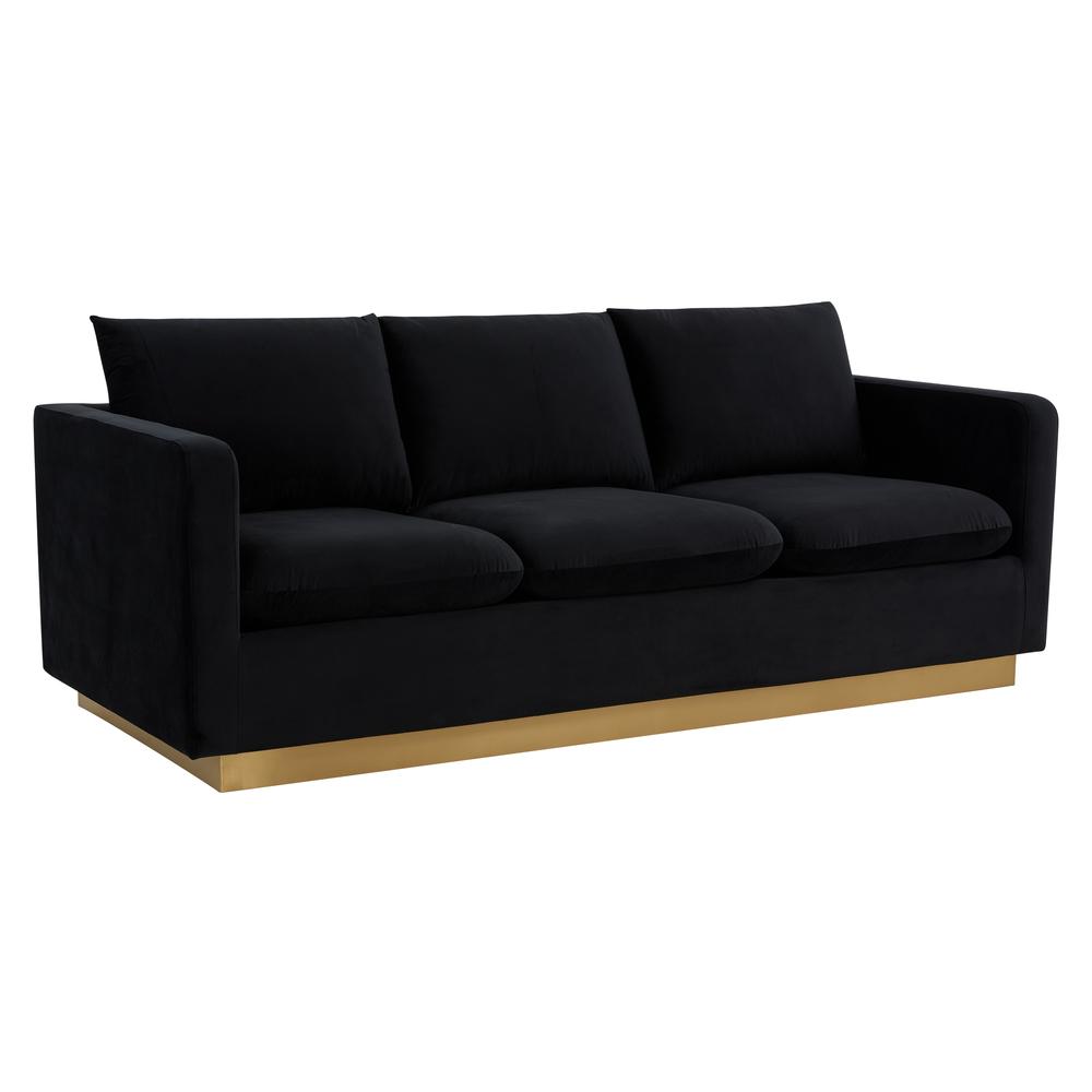 LeisureMod Nervo Modern Mid-Century Upholstered Velvet Sofa with Gold Frame, Midnight Black