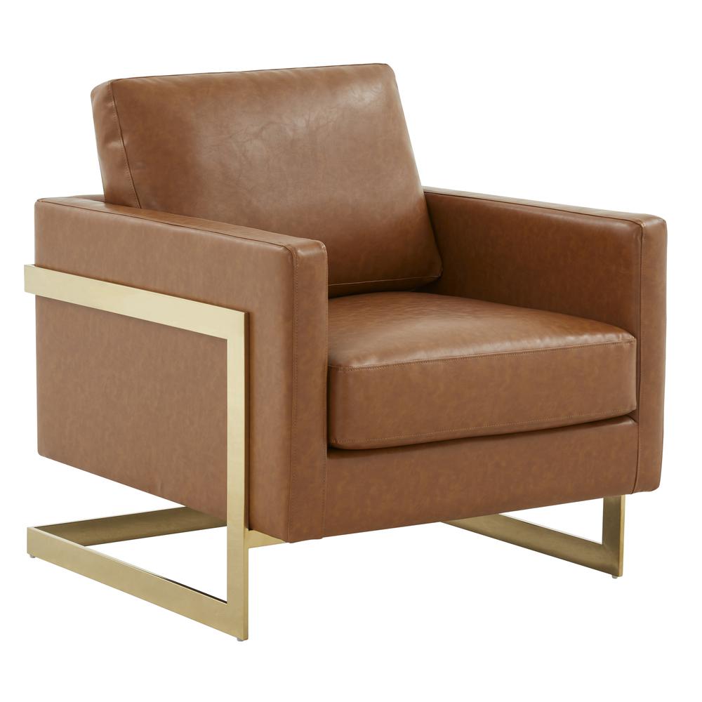 LeisureMod Lincoln Leather Accent Armchair With Gold Frame, Cognac Tan