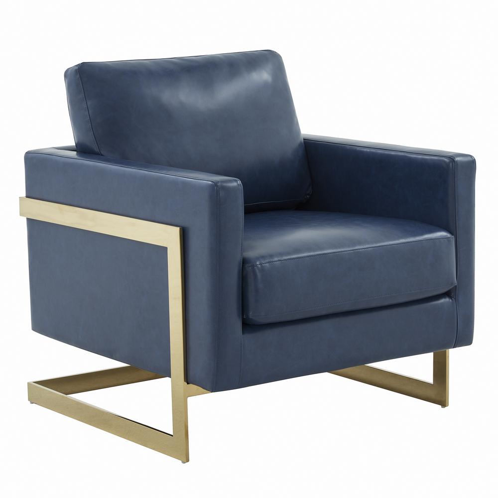 LeisureMod Lincoln Leather Accent Armchair With Gold Frame, Navy Blue