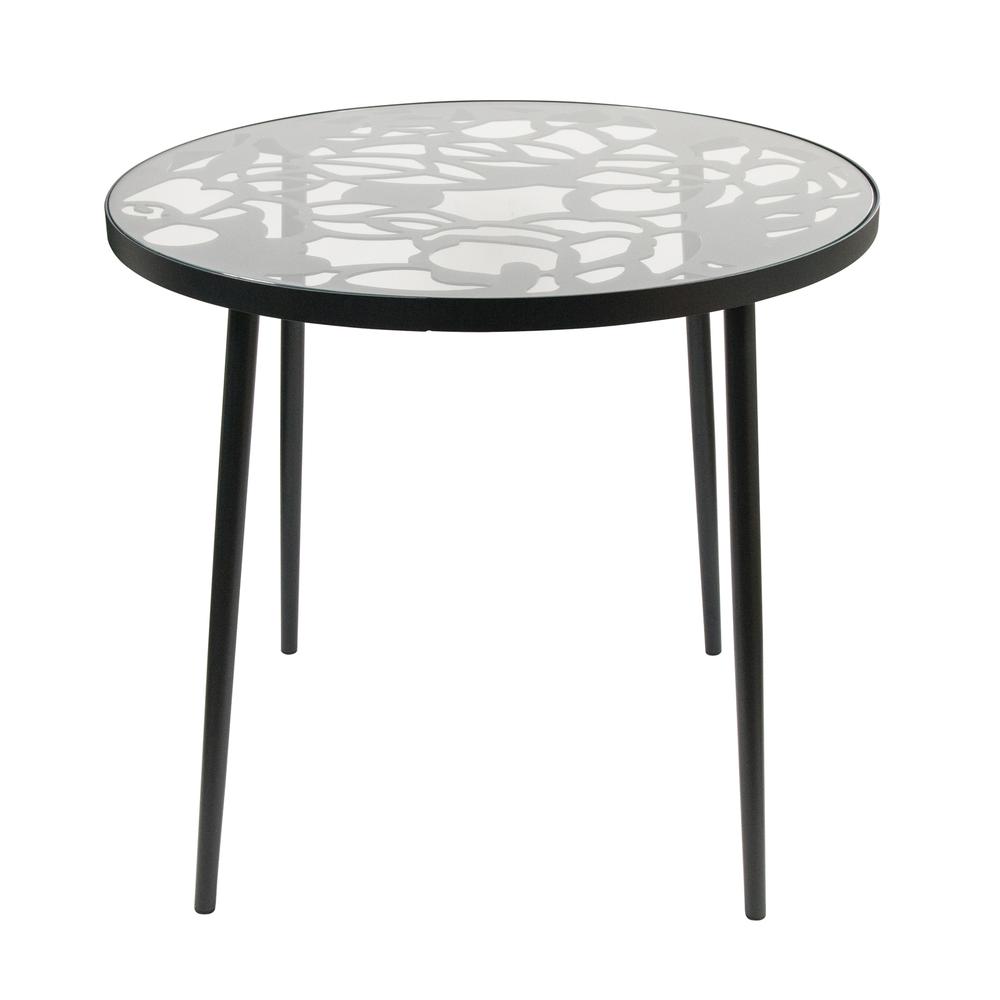 LeisureMod Devon Tree Design Glass Top Aluminum Base Indoor Outdoor Bistro Dining Table DT31BL