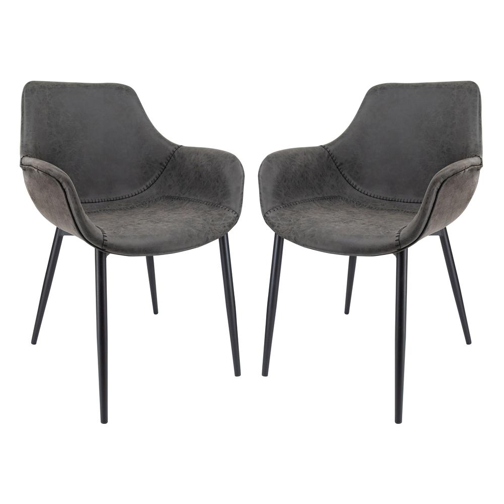 LeisureMod Markley Modern Leather Dining Arm Chair With Metal Legs Set of 2 - Charcoal Black