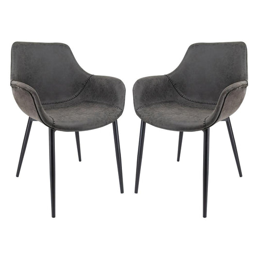 LeisureMod Markley Modern Leather Dining Arm Chair With Metal Legs Set of 2 - Charcoal Black