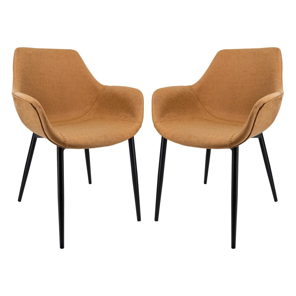 LeisureMod Markley Modern Leather Dining Arm Chair With Metal Legs Set of 2 - Light Brown