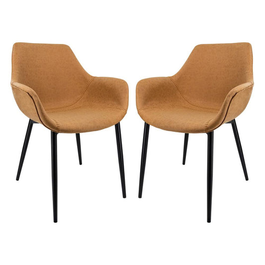 LeisureMod Markley Modern Leather Dining Arm Chair With Metal Legs Set of 2 - Light Brown