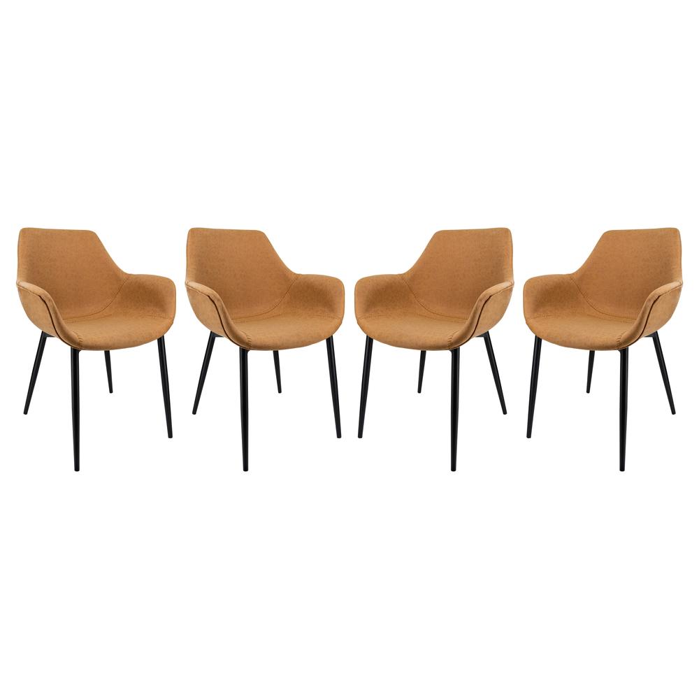 LeisureMod Markley Modern Leather Dining Arm Chair With Metal Legs Set of 4 - Light Brown