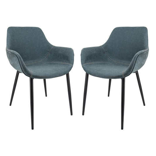 LeisureMod Markley Modern Leather Dining Arm Chair With Metal Legs Set of 2 - Peacock Blue