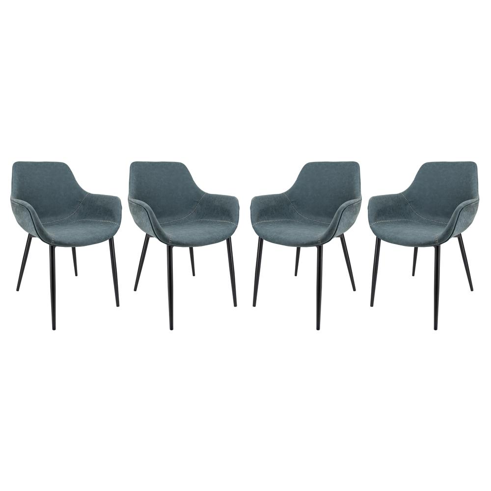 LeisureMod Markley Modern Leather Dining Arm Chair With Metal Legs Set of 4 - Peacock Blue