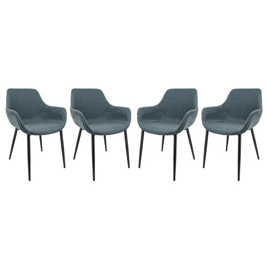 LeisureMod Markley Modern Leather Dining Arm Chair With Metal Legs Set of 4 - Peacock Blue