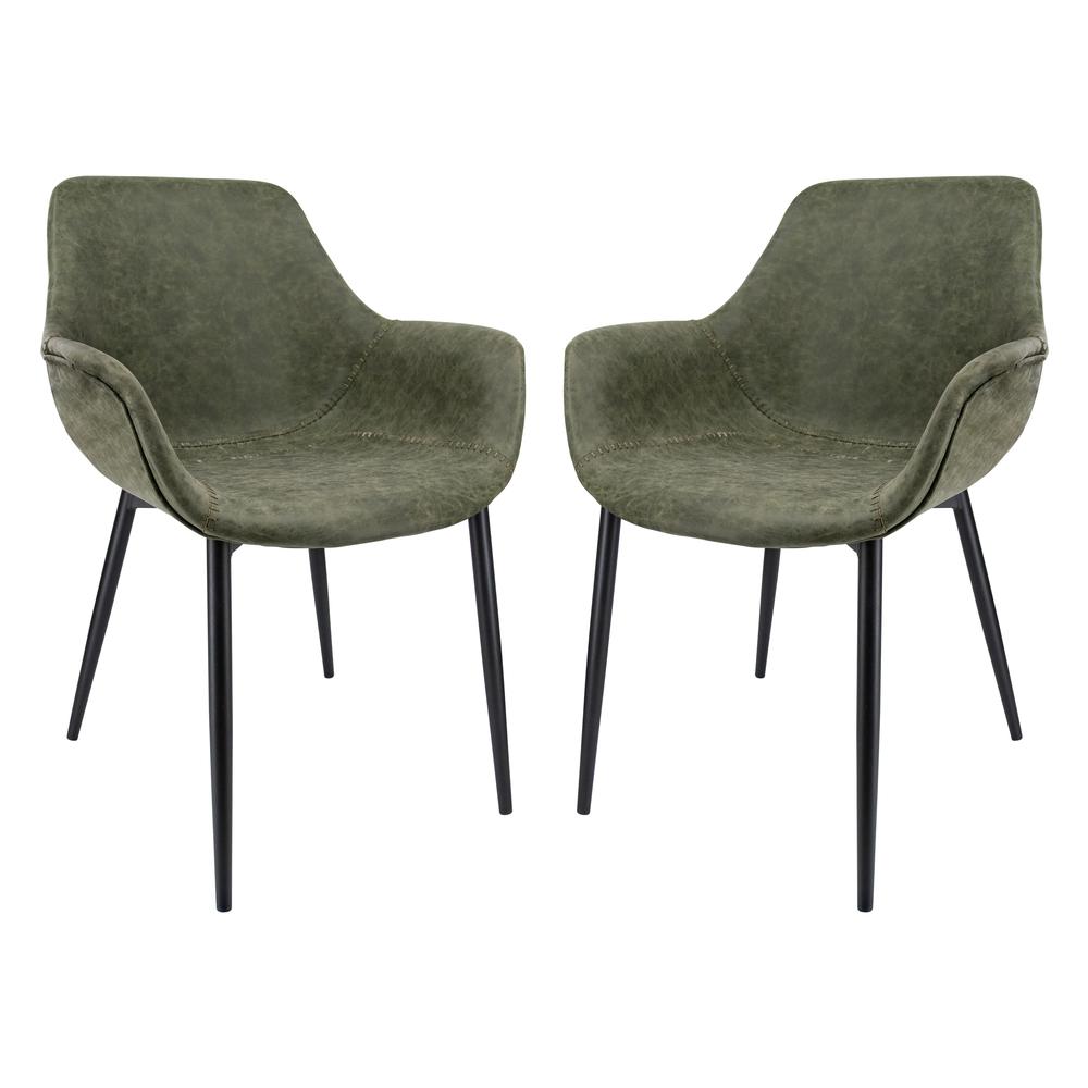 LeisureMod Markley Modern Leather Dining Arm Chair With Metal Legs Set of 2 - Olive Green