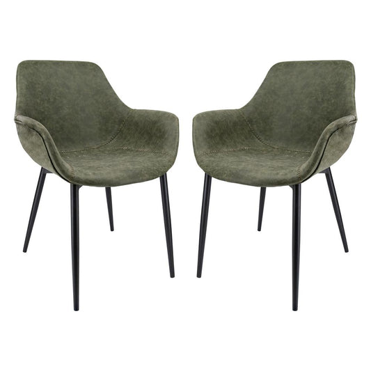 LeisureMod Markley Modern Leather Dining Arm Chair With Metal Legs Set of 2 - Olive Green