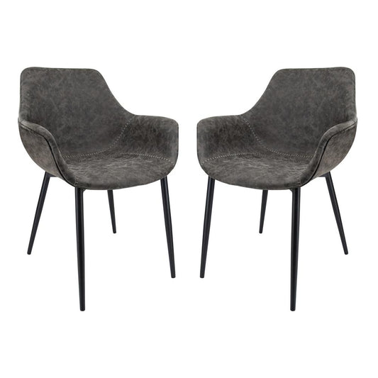 LeisureMod Markley Modern Leather Dining Arm Chair With Metal Legs Set of 2 - Grey