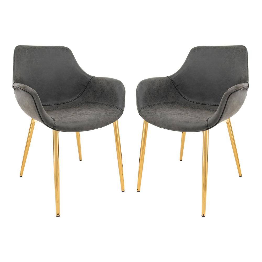 LeisureMod Markley Modern Leather Dining Arm Chair With Gold Metal Legs Set of 2 - Charcoal Black