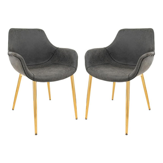 LeisureMod Markley Modern Leather Dining Arm Chair With Gold Metal Legs Set of 2 - Charcoal Black