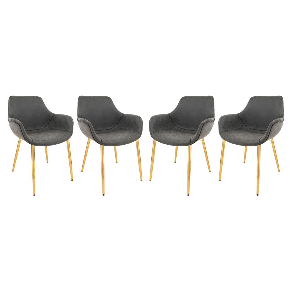 LeisureMod Markley Modern Leather Dining Arm Chair With Gold Metal Legs Set of 4 - Charcoal Black