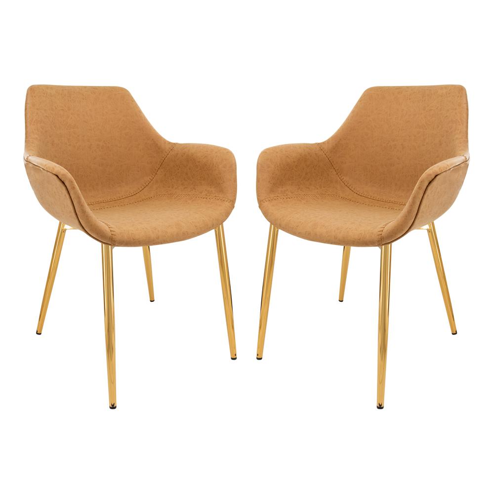 LeisureMod Markley Modern Leather Dining Arm Chair With Gold Metal Legs Set of 2 - Light Brown