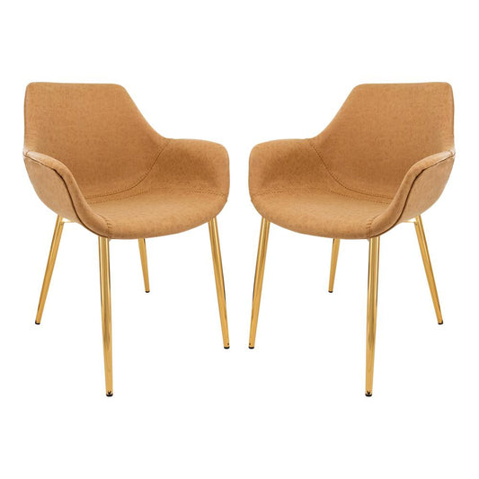 LeisureMod Markley Modern Leather Dining Arm Chair With Gold Metal Legs Set of 2 - Light Brown