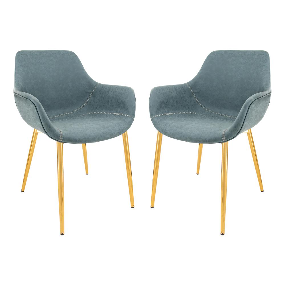 LeisureMod Markley Modern Leather Dining Arm Chair With Gold Metal Legs Set of 2 - Peacock Blue