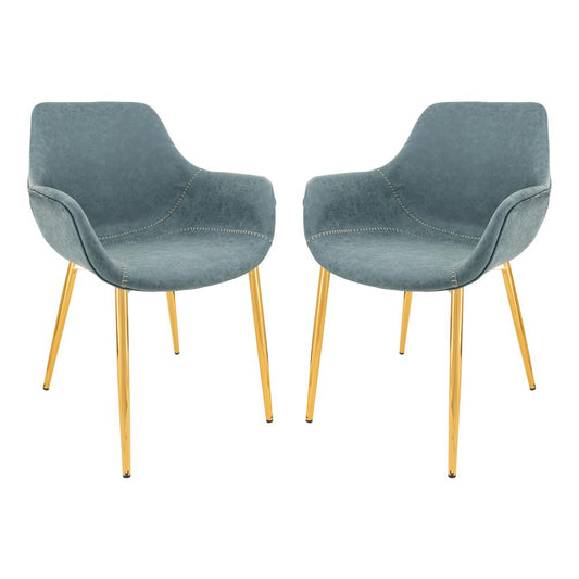 LeisureMod Markley Modern Leather Dining Arm Chair With Gold Metal Legs Set of 2 - Peacock Blue