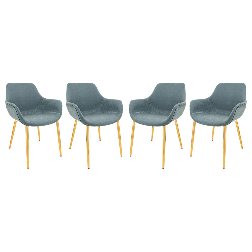 LeisureMod Markley Modern Leather Dining Arm Chair With Gold Metal Legs Set of 4 - Peacock Blue