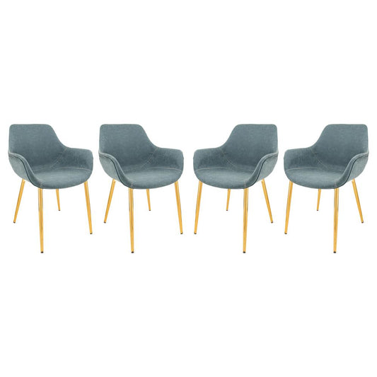 LeisureMod Markley Modern Leather Dining Arm Chair With Gold Metal Legs Set of 4 - Peacock Blue