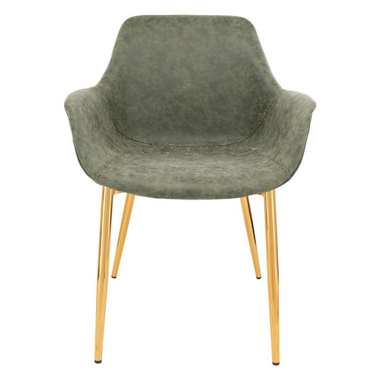 LeisureMod Markley Modern Leather Dining Arm Chair With Gold Metal Legs Set of 2 - Olive Green