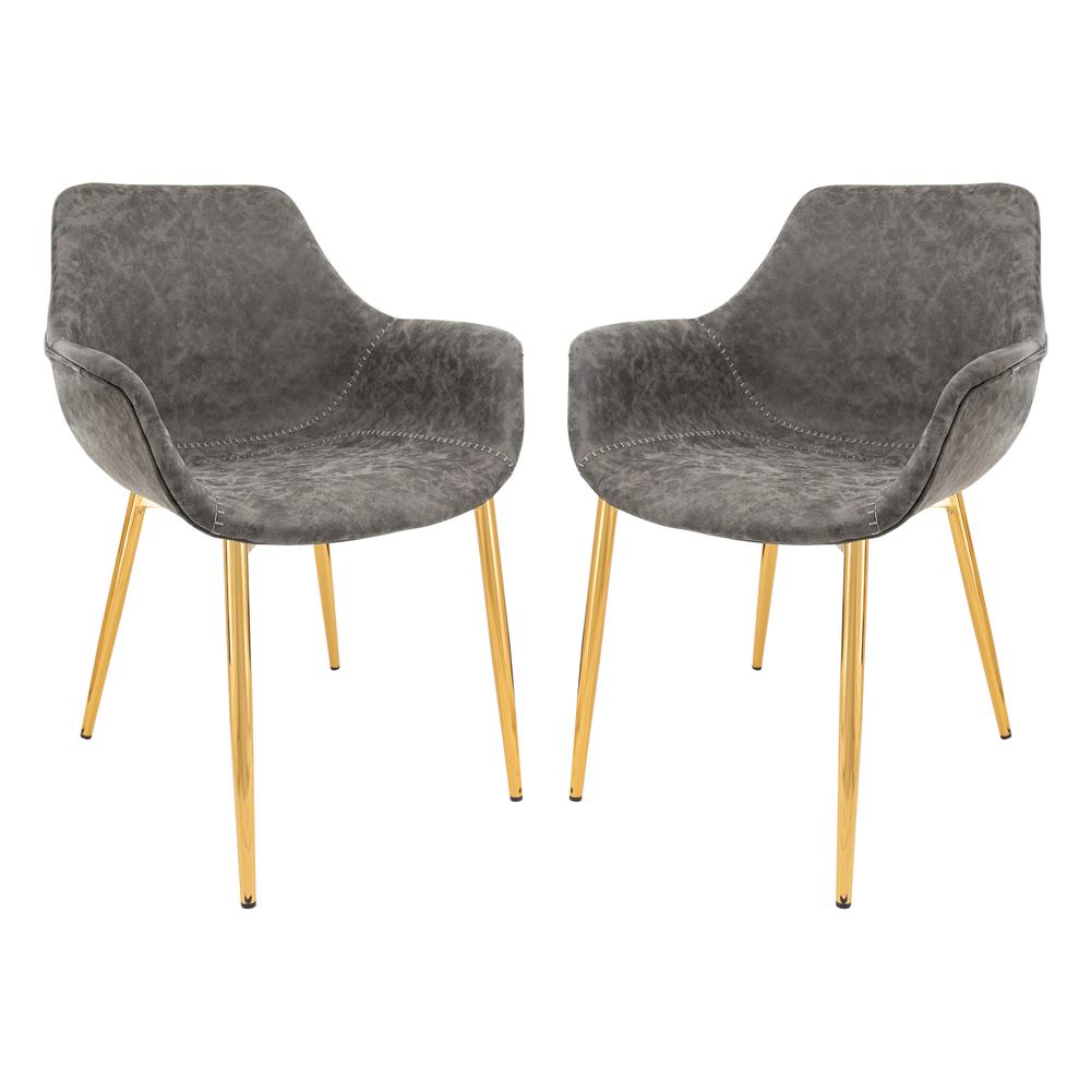 LeisureMod Markley Modern Leather Dining Arm Chair With Gold Metal Legs Set of 2 - Grey