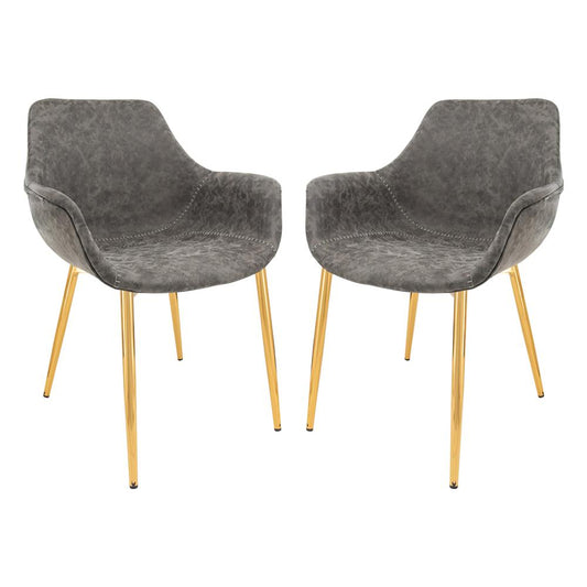 LeisureMod Markley Modern Leather Dining Arm Chair With Gold Metal Legs Set of 2 - Grey