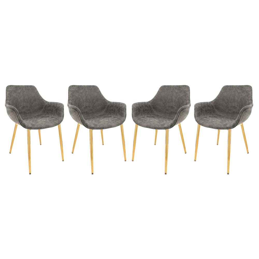 LeisureMod Markley Modern Leather Dining Arm Chair With Gold Metal Legs Set of 4 - Grey