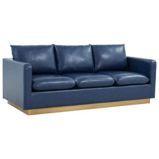 LeisureMod Nervo Modern Mid-Century Upholstered Leather Sofa with Gold Frame, Navy Blue