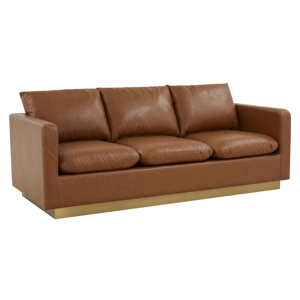 LeisureMod Nervo Modern Mid-Century Upholstered Leather Sofa with Gold Frame, Cognac Tan