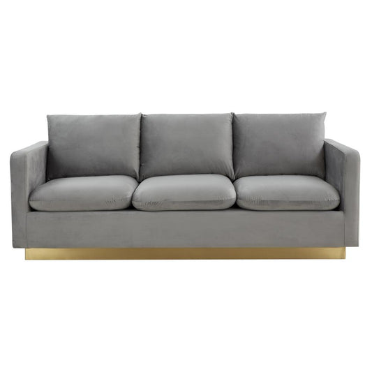 LeisureMod Nervo Modern Mid-Century Upholstered Velvet Sofa with Gold Frame, Light Grey