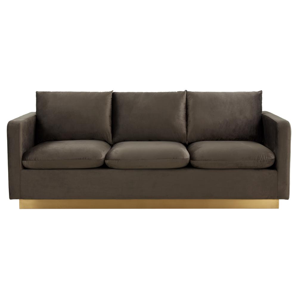 LeisureMod Nervo Modern Mid-Century Upholstered Velvet Sofa with Gold Frame, Dark Grey