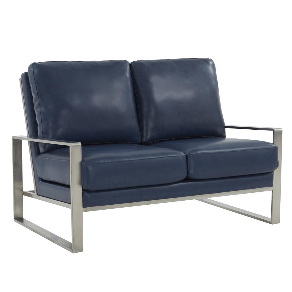 Leisuremod Jefferson Contemporary Modern Faux Leather Loveseat With Silver Frame, Navy Blue