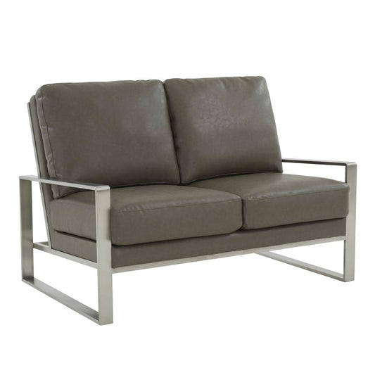 Leisuremod Jefferson Contemporary Modern Faux Leather Loveseat With Silver Frame, Grey