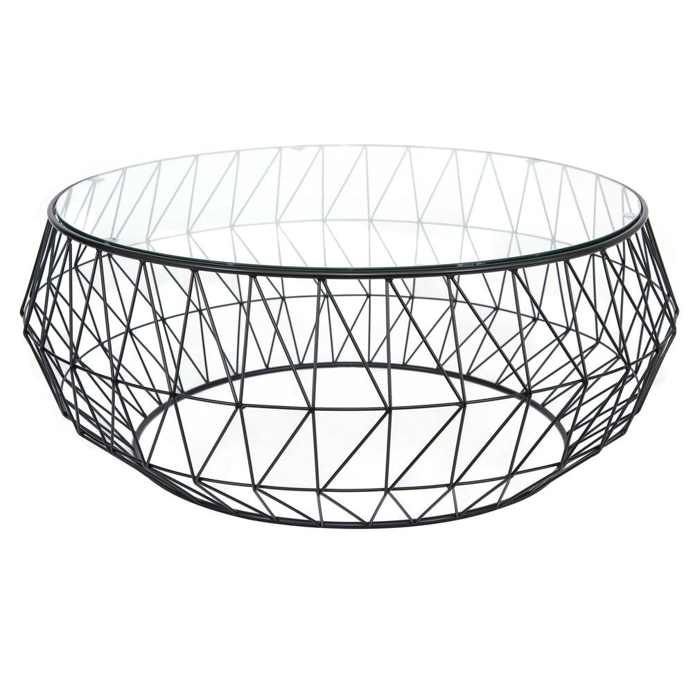 LeisureMod Malibu Modern Round Glass Top Coffee Table With Metal Base MD39GBL