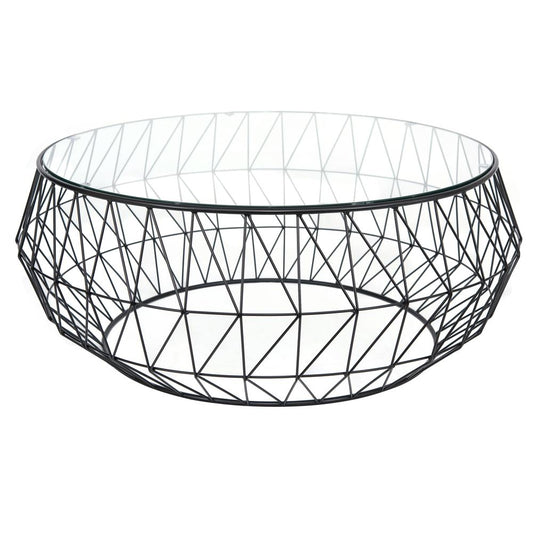 LeisureMod Malibu Modern Round Glass Top Coffee Table With Metal Base MD39GBL