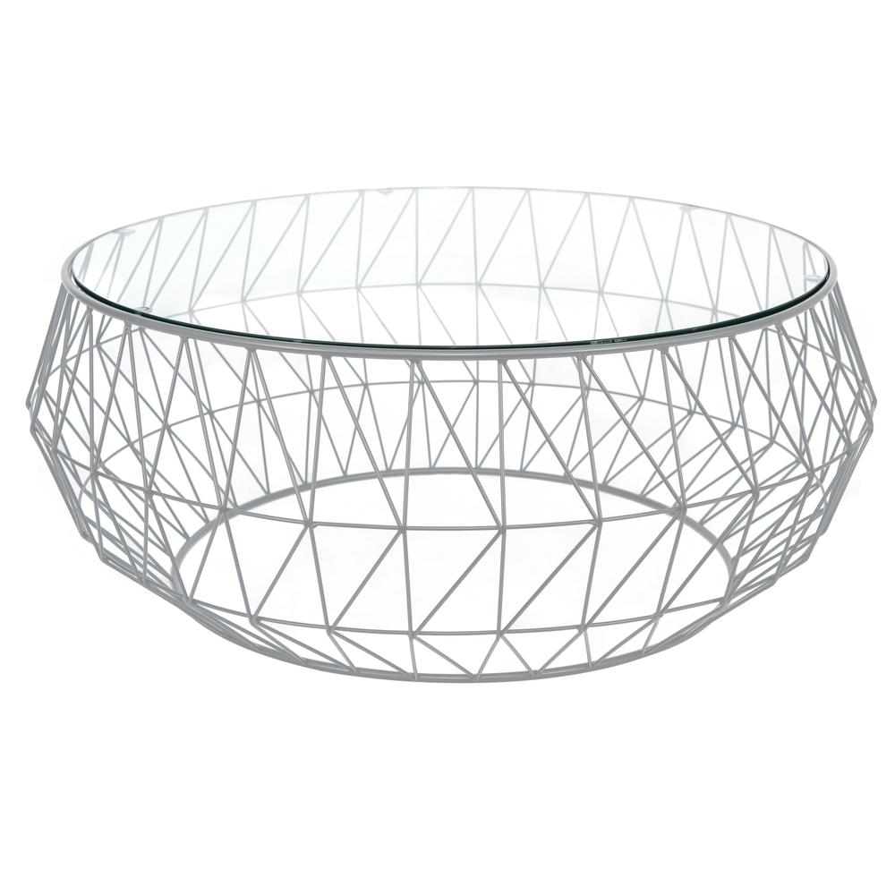 LeisureMod Malibu Modern Round Glass Top Coffee Table With Metal Base MD39GR