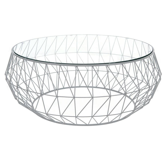 LeisureMod Malibu Modern Round Glass Top Coffee Table With Metal Base MD39GR