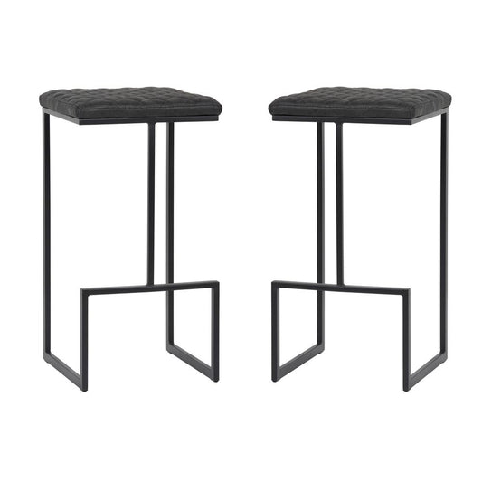 LeisureMod Quincy Quilted Stitched Leather Bar Stools With Metal Frame QS29BL