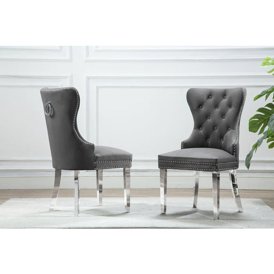 Velvet Tufted Dining Chair, Stainless Steel Legs (Set of 2) - Grey