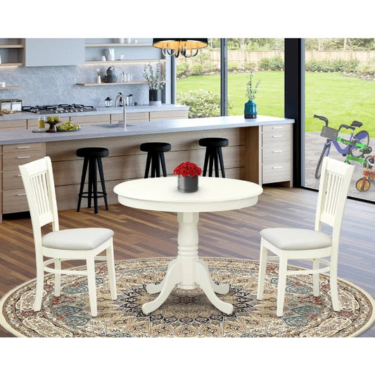 ANVA3-LWH-C - 3-Pc Dining Room Table Set- 2 Wooden Chairs and Round Dining Table - Linen Fabric Seat and Slatted Chair Back (Linen White Finish)